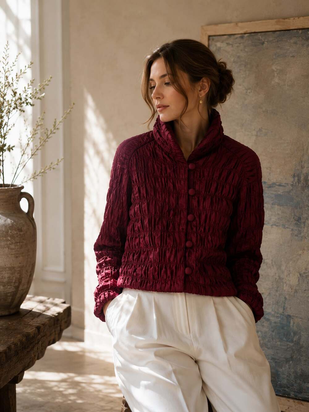 Richard Tsao Burgundy Crinkle Silk Jacket Art To Wear Designer Statement
